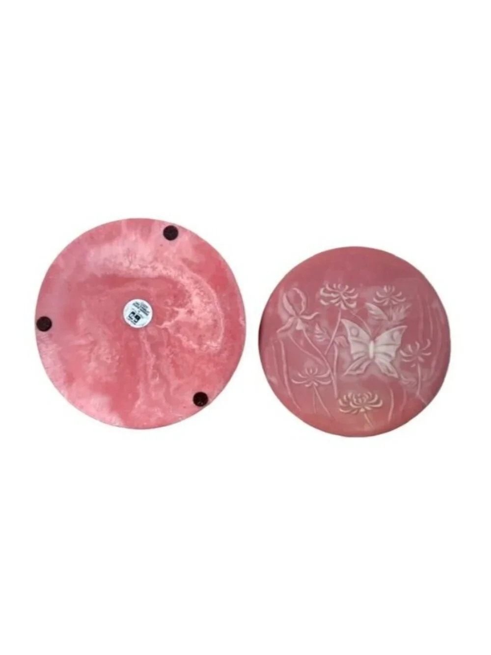 Vintage Pink Embossed Butterfly & Floral Round Incolay Trinket Box With Lid